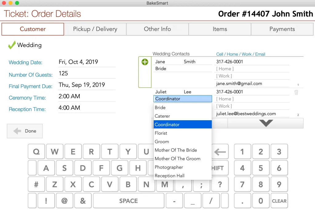BakeSmart's Wedding Order Info