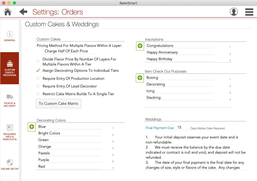 BakeSmart Wedding Order Settings