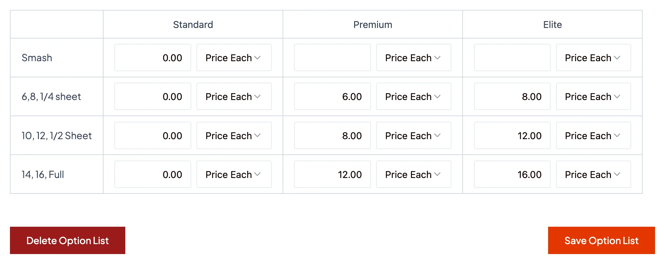 BakeSmart Price Matrix