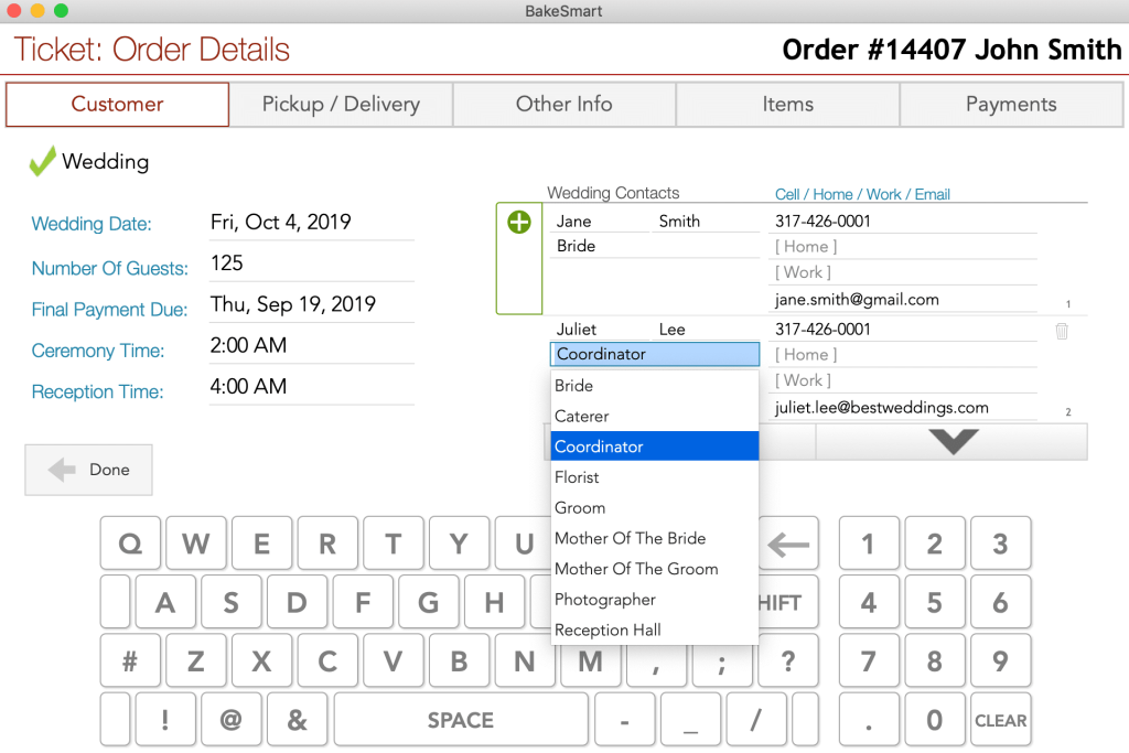 BakeSmart's Wedding Order Info